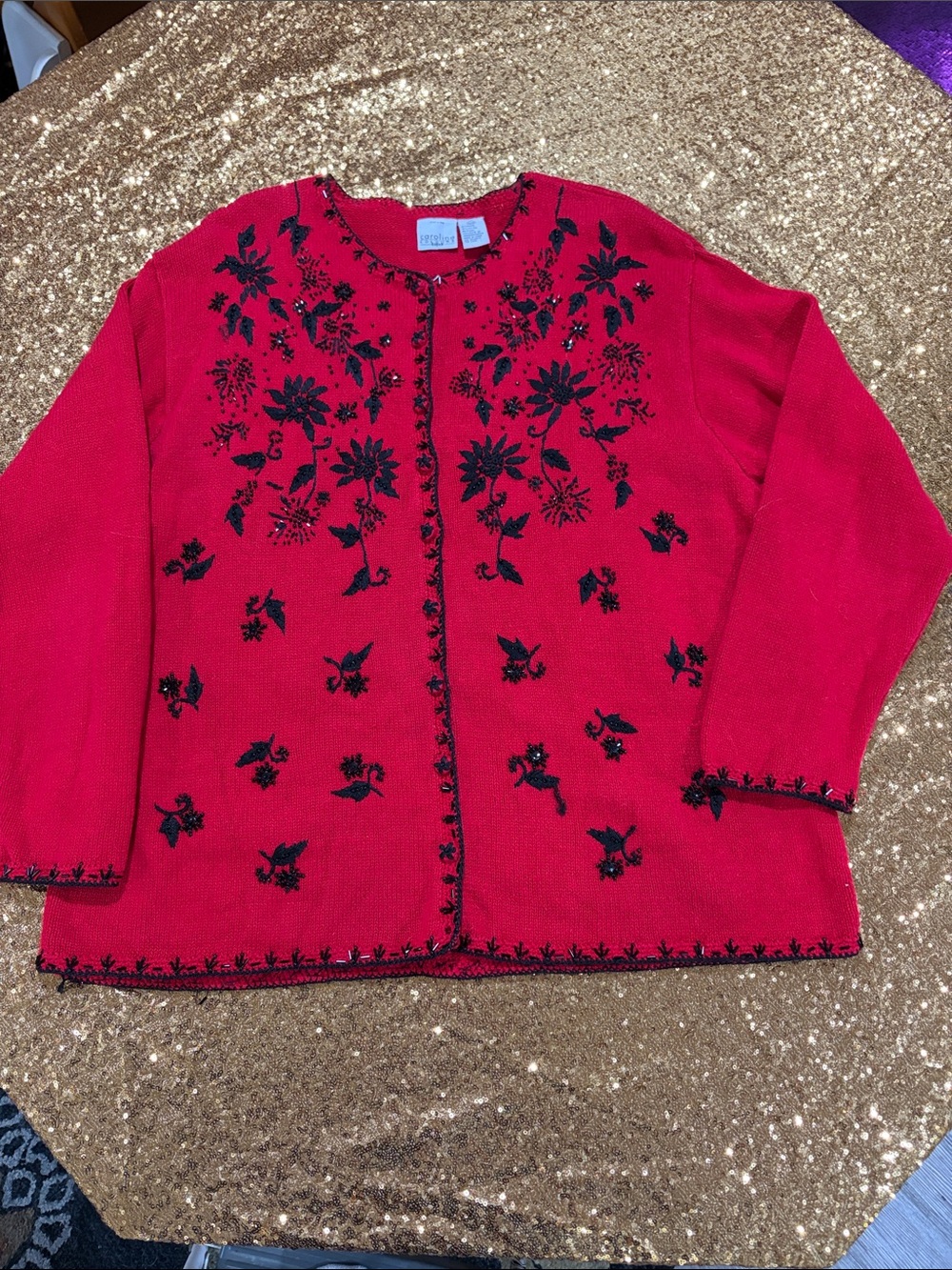 Vintage red floral embroidered knit cardigan